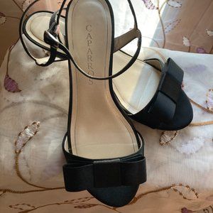 Black Satin Kitten Heel Dress Sandal. Mary Jane style with Bow Size 6 M